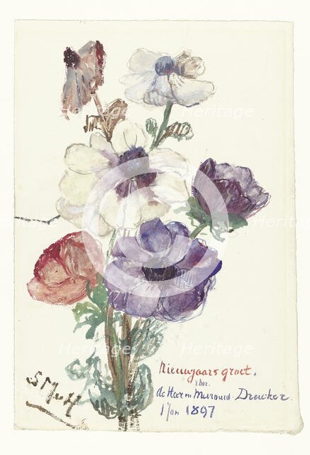New Year greeting with anemones, 1896-1897. Creator: Sina Mesdag van Houten.