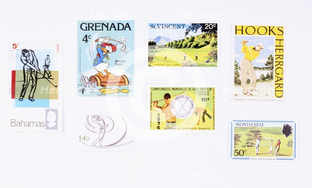 Stamps from various Caribbean islands, with golfing theme, 20th century. Artist: Unknown