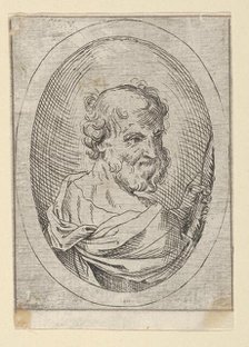 Saint Simon seen from behind, turning to the right and holding a saw, in an oval frame, 1600-1640. Creator: Anon.