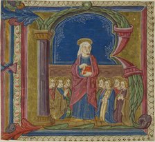 The Virgin Adored by Saints in a Historiated Initial "R" from an Antiphonary, 15th century. Creator: Unknown.