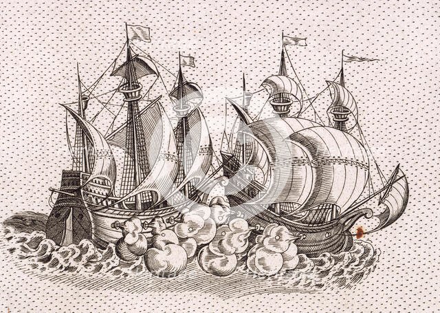 Two warships firing at each other, 1583. Creator: Christopher Saxton.