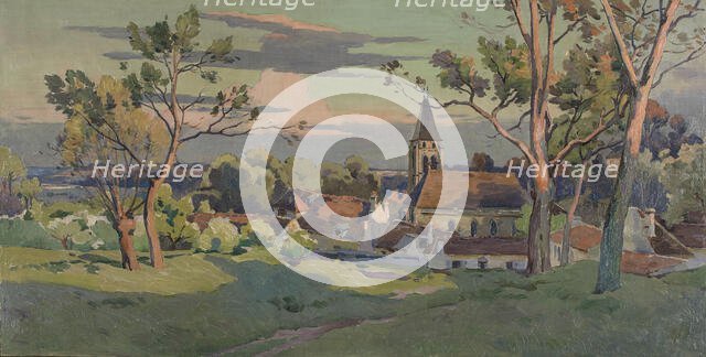 Sketch for the town hall in Thiais: village with a church, c1902. Creator: Paul Leon Felix Schmitt.