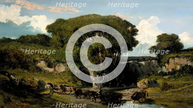 Mounted Herdsmen and Bulls in the Roman Countryside, c1860. Creator: Auguste Clésinger.