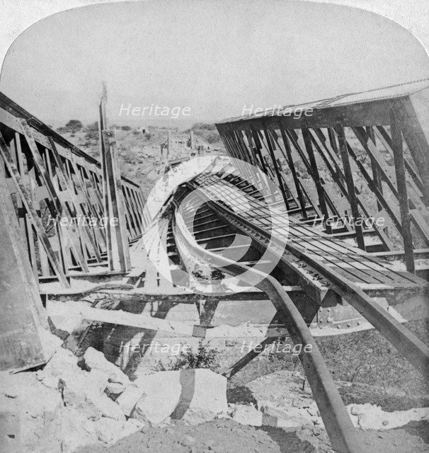 Railway bridge across the Vals River at Kroonstad, blown up by the Boers, South Africa, 1901. Artist: Underwood & Underwood