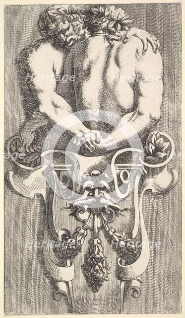 Design for a Term with Two Embracing Satyrs, from: Curieuses recherches de plusieurs beaus..., 1645. Creator: Jean le Pautre.
