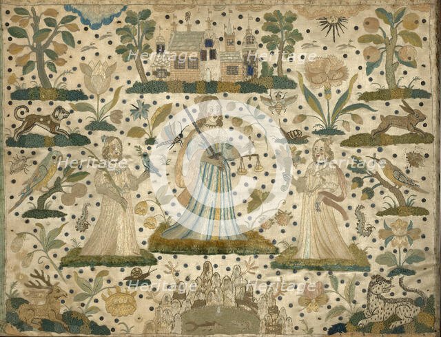Picture Depicting Peace, Justice, and Plenty (Needlework), England, 17th century. Creator: Unknown.