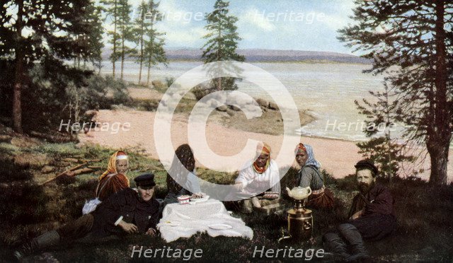 Karelians having tea by a river, near Archangel, Russia, c1930s. Artist: Unknown
