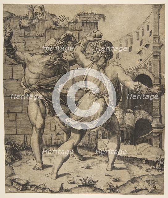 Entellus and Dares fighting in front of classical ruins, 1520-25. Creator: Marco Dente.