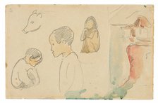 Sketches of Crouching and Standing Figures, a Pig, and a Hut at Water’s Edge, 1891. Creator: Paul Gauguin.