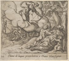 Plate 105: Diana aiming her bow toward Chione, who is accompanied by two children, in anot..., 1606. Creator: Antonio Tempesta.