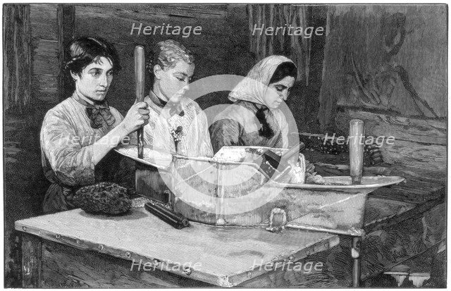 Filling cartridges with dynamite powder at Isleten, near Fluelen, Switzerland, 1893. Artist: Unknown