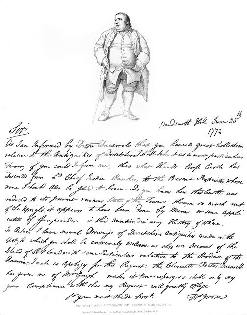 A letter and portrait of Francis Grose, 1772, (1840).Artist: Francis Grose