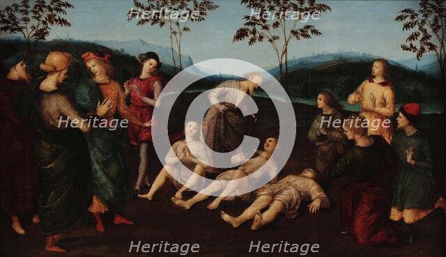 The miracle of Saint Eusebius of Cremona: Eusebius of Cremona raising Three Men from..., c1502-1503. Creator: Raphael (Raffaello Sanzio da Urbino) (1483-1520).