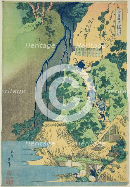 Kannon Shrine at Kiyo Falls at Sakanoshita on the Tokaido (Tokaido Sakanoshita Kiyotaki..., c. 1833. Creator: Hokusai.