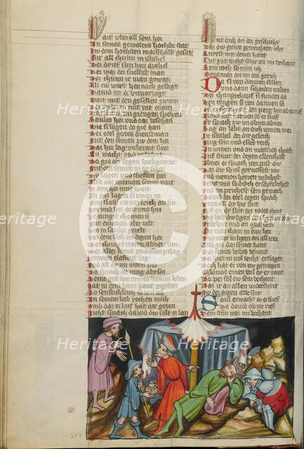 David Stealing Saul's Jug and Spear from his Tent; Weltchronik, about 1400-1410. Creator: Unknown.