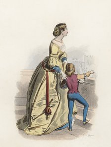 Venetian young woman and child in the Modern Age, color engraving 1870.