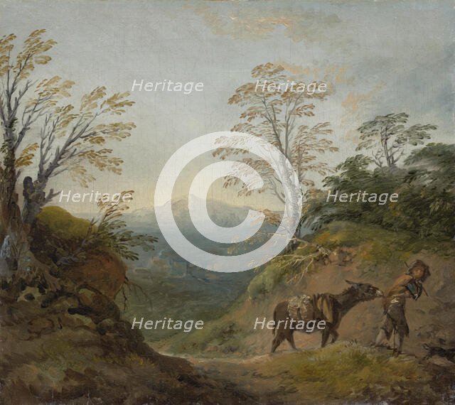 Wooded Landscape With A Boy Leading A Donkey And Dog, And An Extensive Panorama With..., early 1760s Creator: Thomas Gainsborough.