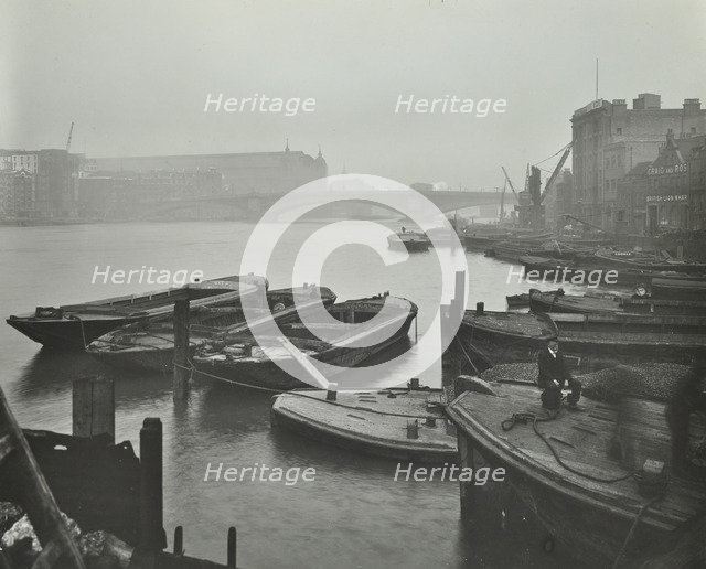 Barges moored at Bankside wharves looking downstream, London, 1913.  Artist: Unknown.
