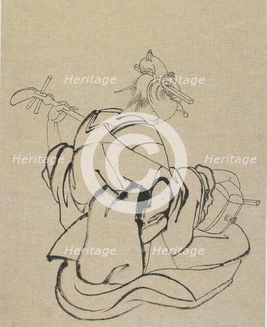 Woman with back to observer playing samisen, late 18th-early 19th century. Creator: Hokusai.