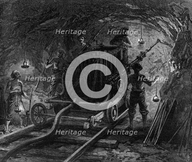 The new overland route to India and the railway tunnel of the Alps: boring-machine..., 1869. Creator: Unknown.