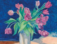 Pink tulips in a vase, in the background a seascape with dunes, 1935. Creator: Spilliaert, Léon (1881-1946).