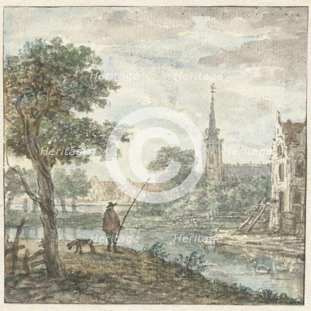 View of a city with an angler in the foreground, c. 1700-c. 1800. Creator: Anon.