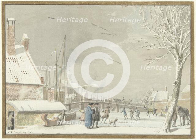 Frozen city canal with skaters, 1769. Creator: Cornelis van Noorde.