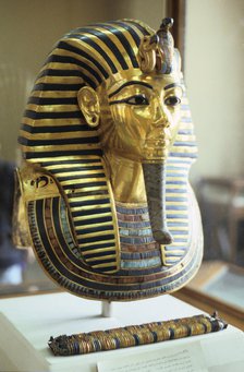 Gold and lapis lazuli funerary mask of Tutankhamun, King of Egypt, c1323 BC. Artist: Unknown