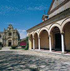 View of the gateway to the Cartuja of Defense of Jerez de la Frontera, with arcaded porch, at the…