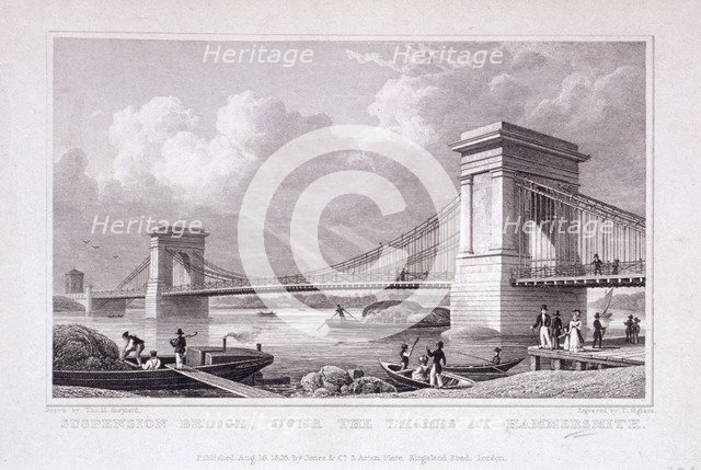 Hammersmith Bridge with water vessels on the River Thames, Hammersmith, London, 1828. Artist: Thomas Higham