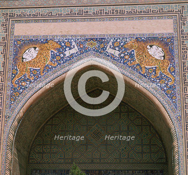 Detail of the façade of Shir-Dar Madrasa in Samarkand, 17th century. Artist: Unknown