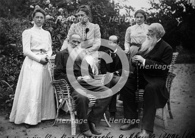 Russian author Leo Tolstoy with visitors, Yasnaya Polyana, Russia, late 19th or early 20th century. Artist: Unknown