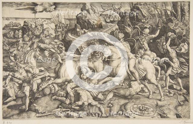 Battle scene in a landscape with soldiers on horseback and several fallen men, another..., ca. 1520. Creator: Marco Dente.