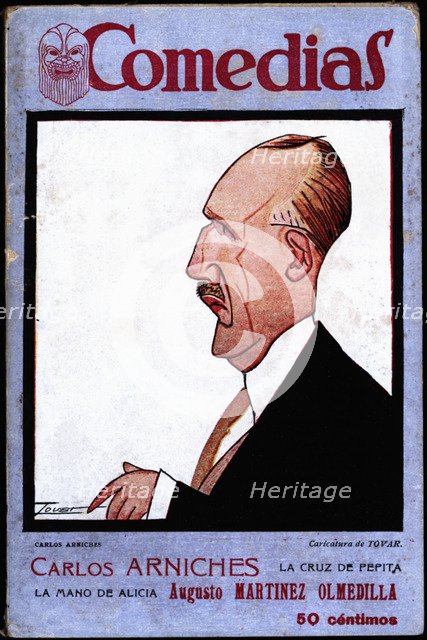 Cover of the publication 'Comedias'. Caricature of Carlos Arniches Barreda (1866-1943). Siglo XX …