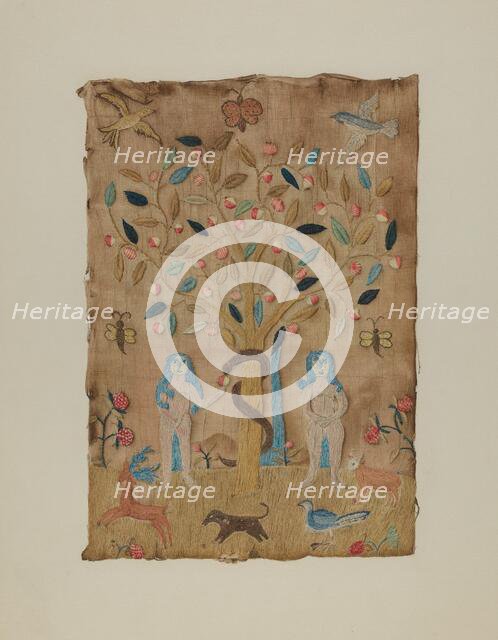 Adam & Eve Embroidered Picture, c. 1938. Creator: Martha Elliot.