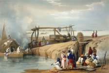 Persian wheel raising water from the Sutlej River, Punjab, 1842. Artist: James Atkinson