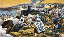 Campaign of Morocco, the Moors attack the civilians of the railroad near Melilla, 1909, colored e…