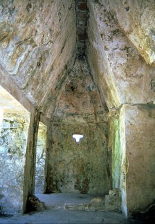 Interior of the portico of the Temple of the Sun in the Mayan ruins of Palenque.