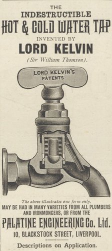 Palatine Engineering Indestructible hot and cold water tap, 1893. Artist: Unknown