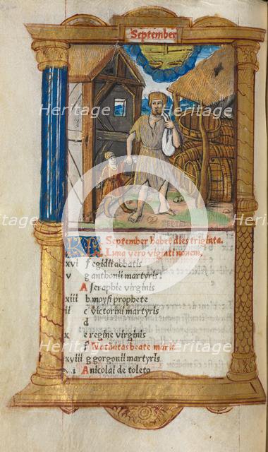 Printed Book of Hours (Use of Rome): fol. 10v, September calendar illustration, 1510. Creator: Guillaume Le Rouge (French, Paris, active 1493-1517).