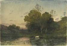 Evening Light on a Wooded Lakeside with Cattle Drinking, 1882. Creator: Henri-Joseph Harpignies.