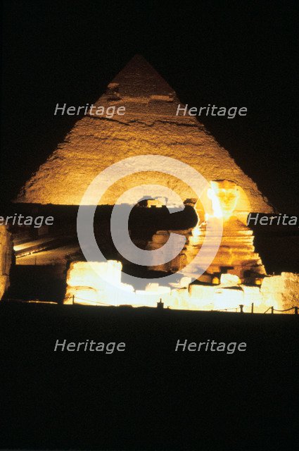 Pyramid of Khafre and the Great Sphinx at night, Gizeh, Egypt. Artist: Unknown