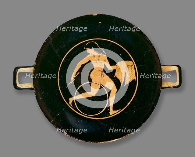 Attic red-figure cup (kylix) showing a boy running with a hoop, 6th-5th century BC. Artist: Colmar Painter.