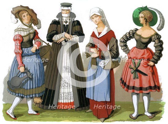 Swiss costumes, 15th-16th century (1849).Artist: Edward May