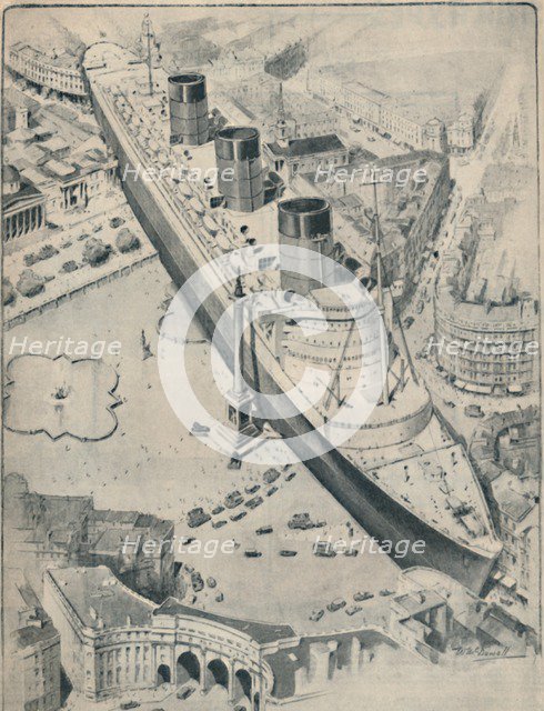 'The Queen Mary In Relation To Trafalgar Square, London', 1936. Artist: Unknown.