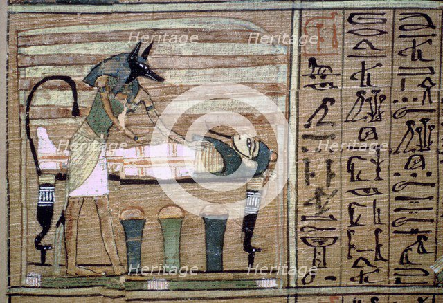 Papyrus of Anubis preparing a mummy. Artist: Unknown