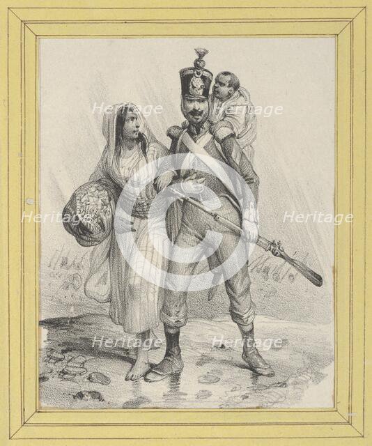 Soldier with a woman on his arm and a child on his back, mid-19th century.. Creator: Victor Adam.