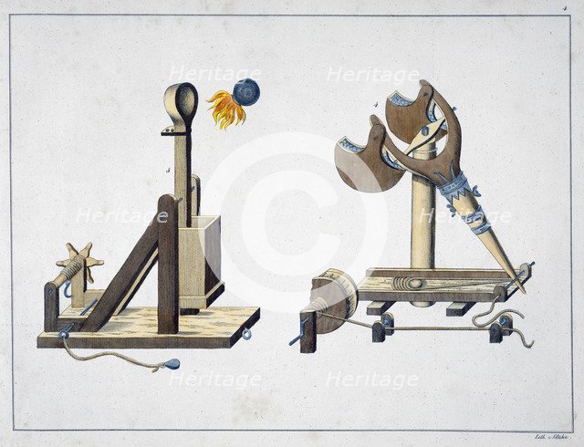 Siege catapults, 1842. Artist: Friedrich Martin von Reibisch