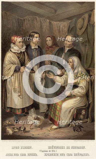 Livonians from the village of Irbene. Crevings from the village of Neiraden, 1862. Creator: Karlis Huns.