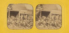 Group of firemen posed outside in front of station with wagon, 1855-1865. Creator: Jules Marinier.